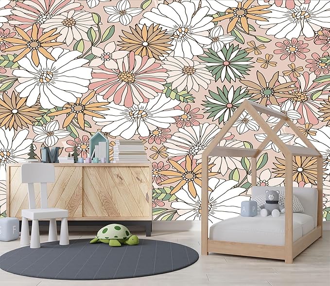 XMPMBM-Cartoon Floral Sunflower Nursery Room Fabric Wallpaper Simple Hand-Painted Kids Gaming Room Wall Mural-W 154" X H 105"（112 Square Foot）