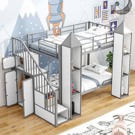 Twin Over Twin Castle-Shaped Bunk Bed with Wardrobe and Multiple Storage, Metal Bunk Bed with Storage Staircase and Safety Guardrail for Kids Teens Boys Girls Bedroom (White+Gray)