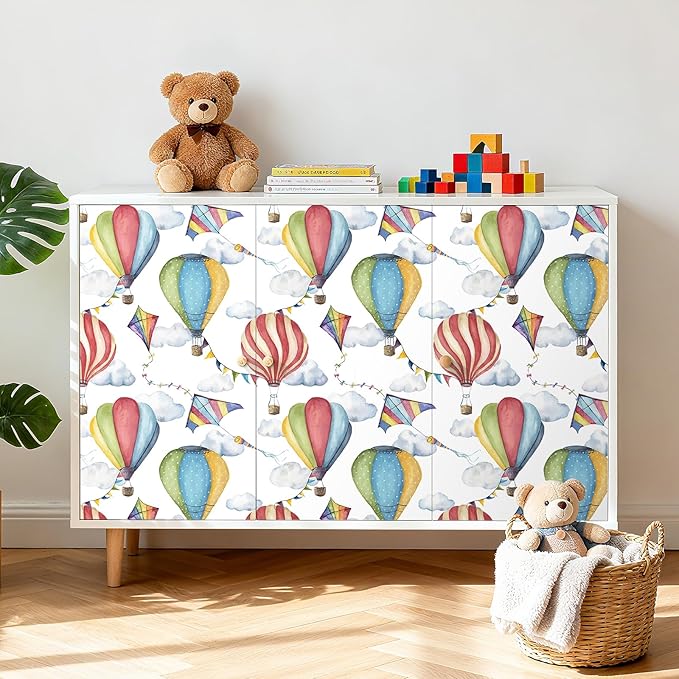 LaCheery Watercolor Hot Air Balloon Wallpaper Peel and Stick Hot Air Balloons Sky Cloud Wallpaper Nursery Decorative Contact Paper Peel and Stick Colorful Kites Flag Wall Paper for Kids Room 17.5"x79"