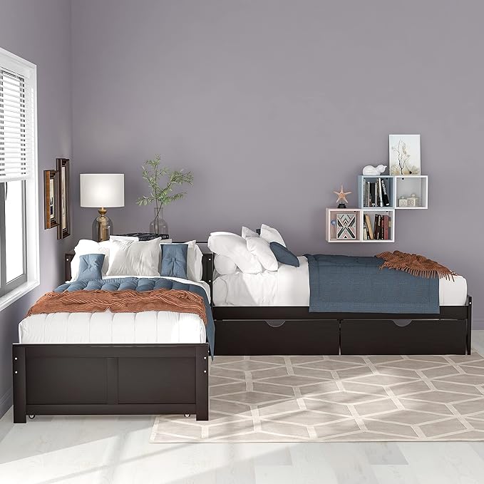 Harper & Bright Designs L-Shaped Platform Bed Frame with Trundle and Drawers Linked with Built-in Desk for Kids Boys Girls, Twin, Espresso