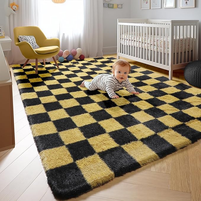 KICMOR Rugs for Living Room Bedroom, 5x7 Black and Gold Fluffy Soft Checkered Area Rug Fuzzy Shag Shaggy Carpet, Indoor Plush Floor Rugs for Kids Boys Girls Teen Dorm Nursery Home Decor Aesthetic