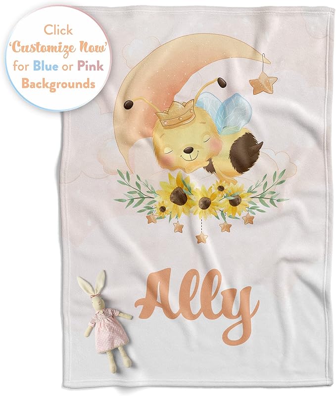 Custom Baby Blankets with Name | Personalized Bee Newborn Blanket for Baby Girl and Baby Boy | Unisex Warm Soft Sherpa Swaddle Blanket Minky | (Bee, Sherpa 50"x60")