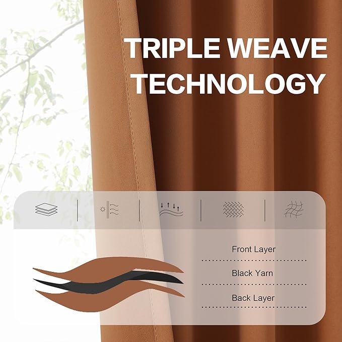 DUALIFE Caramel Curtains 2 Panels Set, Room Darkening Mid Century Cognac Modern Decor Back Tab Pocket Pleated Boho Curtains for Bedroom Home Office Brown Orange 52 by 84 Inch Length
