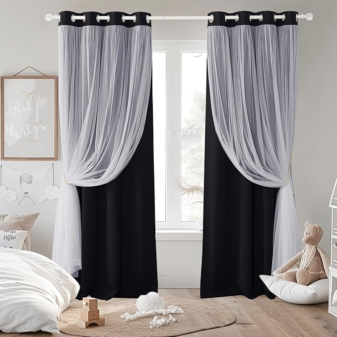 PONY DANCE Curtains for Living Room Blackout Curtains and White Sheer Overlay Double Layer Grommet Drapes for Bedroom with Tiebacks, cortinas para sala modernas (52x72 inches, Black, 2 Pieces)