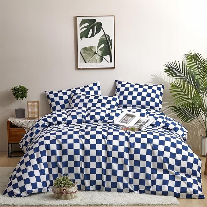 Houseri Royal Blue White Plaid Duvet Cover Twin Size Boys Girls Bright Blue Grid Bedding Duvet Covers Kids Deep Ocean Blue Checkerboard Bedding Sets Twin Dark Blue Checkered Gingham Duvet Cover Twin