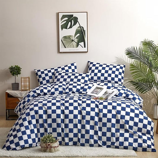 Houseri Royal Blue Duvet Cover Set - Blue and White Buffalo Plaid Bedding Set for Queen Size Bed
