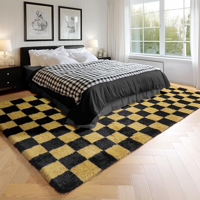 KICMOR Area Rugs for Bedroom Living Room, 4x6 Black and Gold Fluffy Soft Checkered Rug Fuzzy Shag Shaggy Carpet, Indoor Plush Floor Rugs for Kids Boys Girls Teen Dorm Nursery Home Decor Aesthetic