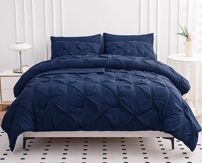 Lane Linen 7 Piece Full Size Bedding Comforter Set, Soft Pintuck Bed in a Bag With Sheets, Pillowcases & Shams - Navy Blue