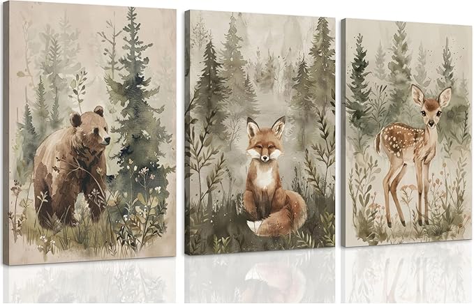 ICHZUMW Woodland Animals Nursery Wall Decor, Nursery Wall Art, Watercolor Bear Fox Deer Painting Print Artwork for Boys Girls Kids Room, Wrapped Canvas, Ready to Hang, 16x24in, Set of 3
