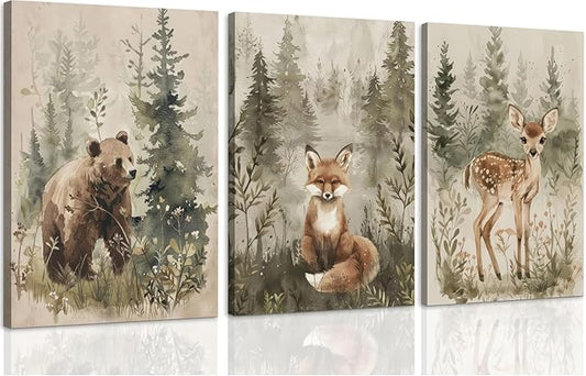 ICHZUMW Woodland Animals Nursery Wall Decor, Nursery Wall Art, Watercolor Bear Fox Deer Painting Print Artwork for Boys Girls Kids Room, Wrapped Canvas, Ready to Hang, 16x24in, Set of 3