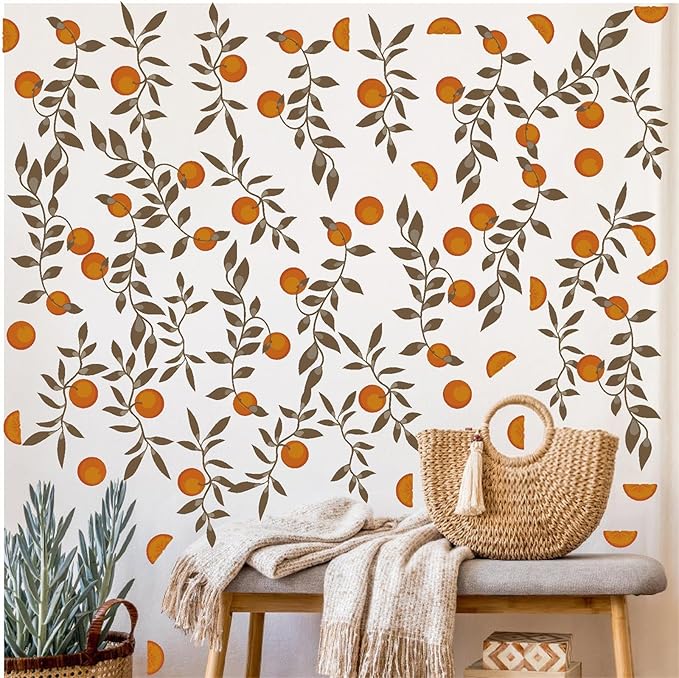 Orange Leaf Wall Decals Boho Fruit Leaf Wall Stickers Small Tree Leaf Sticker Vintage Green Leaves Decal Cute Orange Leaves Wall Decals for Nursery Kids Room Bedroom Kitchen Decor