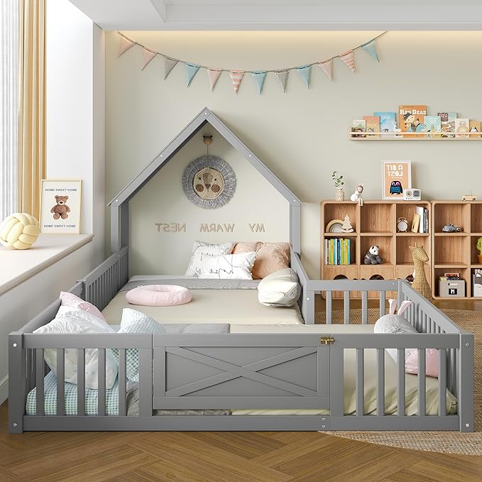 Harper & Bright Designs Full Size House Shaped Double Floor Bed with Door and Full-Length Guardrails, Solid Wood Kids Montessori Floor Bed for Girls Boys, Multi-Function, Grey