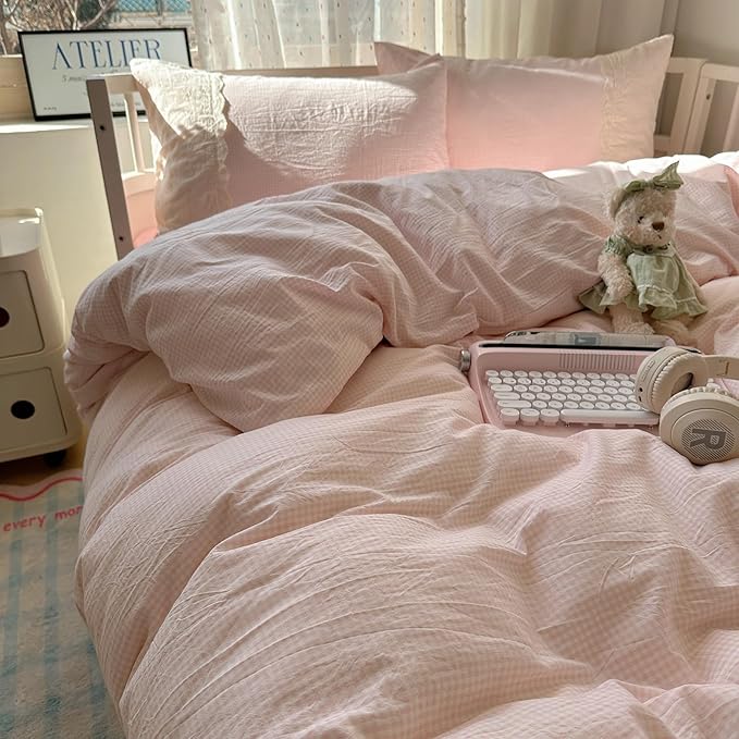 LifeTB Pink Gingham Duvet Cover Twin XL 3 Pieces Romantic Lace Duvet Cover Pink Plaid Checkered Comforter Cover with 2 Pillowcases Soft Breathable Microfiber Grid Farmhouse Plaid Bedding Set
