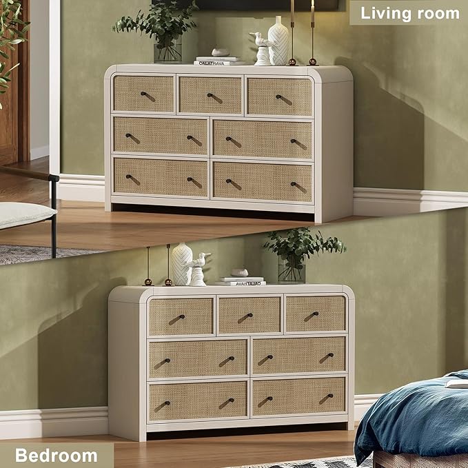 Oak&Sparrow 7 Drawer Dresser for Bedroom, 49'' Rattan Dresser with Ample Storage, Boho Chest of Drawers, Thickened Curved Profile Design, Oak Dressers for Bedroom, Living Room