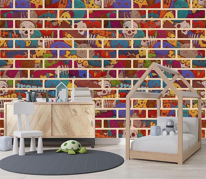 XMPMBM-Graffiti Wall Tile Cartoon Nursery Room Fabric Wallpaper Hand-Painted Kids Gaming Room Wall Mural-W 132" X H 92"（93 Square Foot）