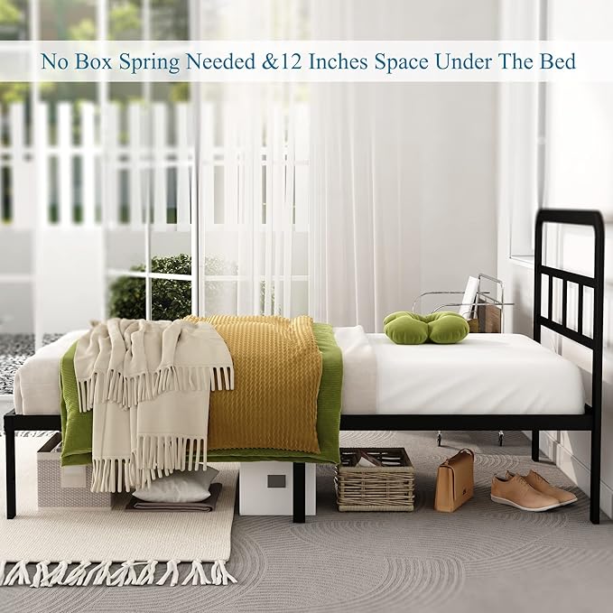 Metal Platform Twin Bed Frames with Headboard, 14 Inch No Box Spring Needed Heavy Duty Steel Slat Mattress Foundation/Easy Assembly/Noise Free/Black