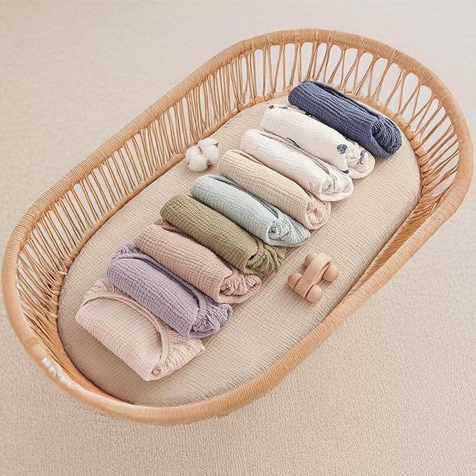 Bearmoss Bassinet Sheets - 2 Pack Muslin Cotton Bassinet Sheets Fits Oval and Rectangle Bassinet Mattress, Breathable and Skin-Friendly for Baby Boy and Girl (Pale Grey&Sand Beige)