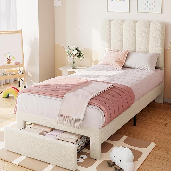 IDEALHOUSE Twin Bed Frame with Storage Drawer and Headboard, Boucle Upholstered Twin Platform Bed Frame for Girls, Strong Wooden Slats Support, Noise-Free, Easy Assembly (Boucle Beige)