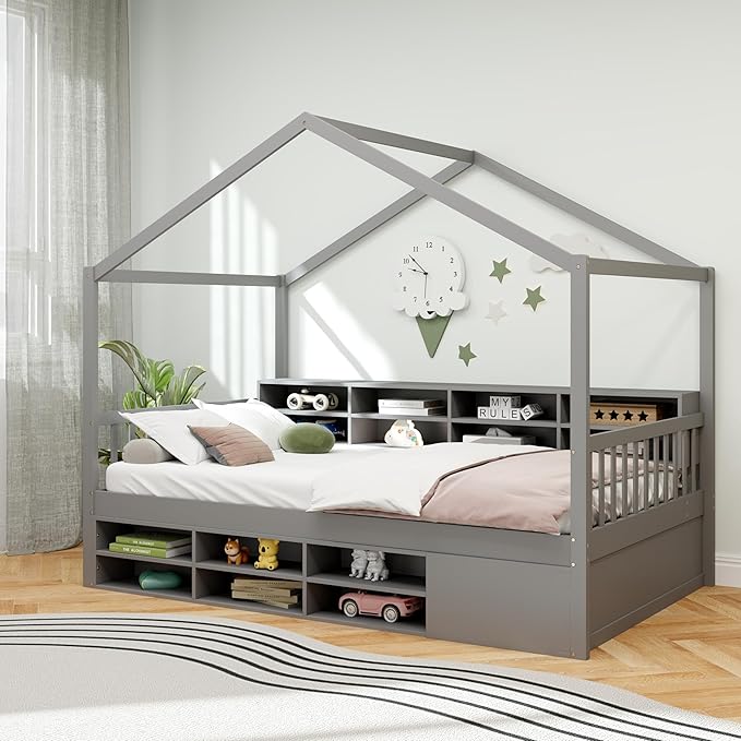 KOMFOTT Twin Size Wood House Bed with Storage Shelves, Wooden Platform Bed Frame with Storage Cabinet, Headboard & Footboard, House Bed with Wood Slats Support, No Box Spring Needed (Grey)