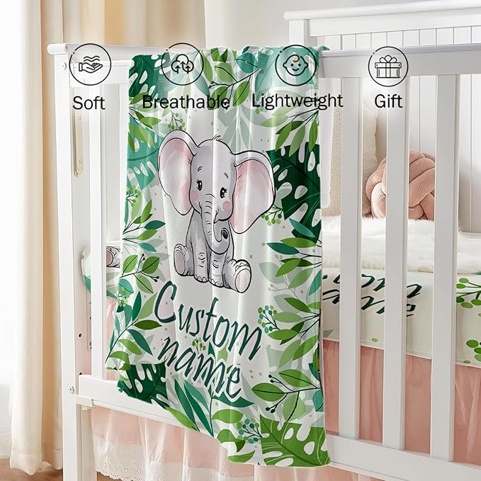 Custom Baby Crib Bedding Set - Green Elephant Design Personalized Name Baby Nursery Bedding 3 Pcs Set - Chic Soft Blanket, Fitted Sheet, Room Rug for Newborns Boys Girls Gifts