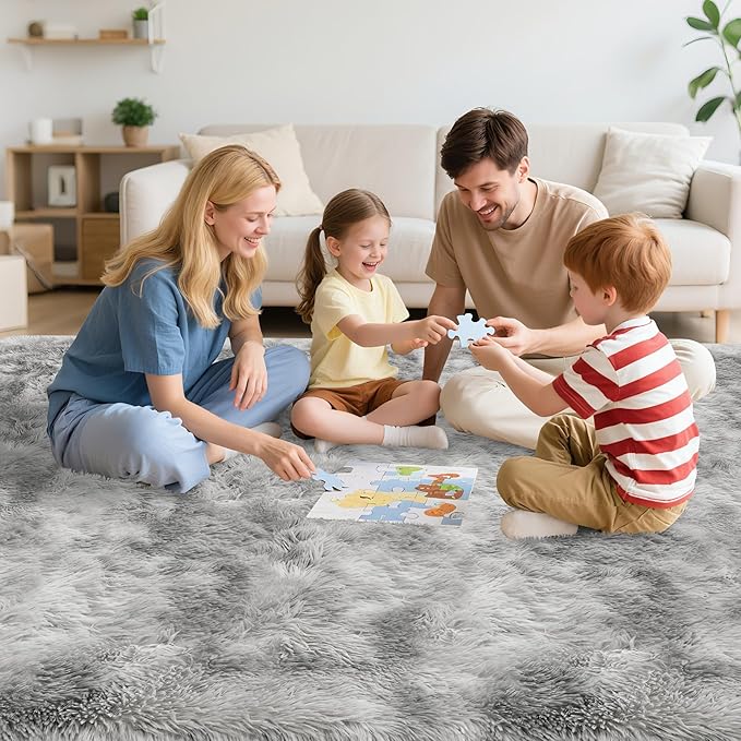 8x10 Area Rugs for Living Room Soft Fluffy Grey and White Rug for Bedroom Under Bed Modern Plush Tie Dyed Gray Shag Carpets Furry Playing Mat for Kids Girls Boys Room Playroom Nursery Dorm