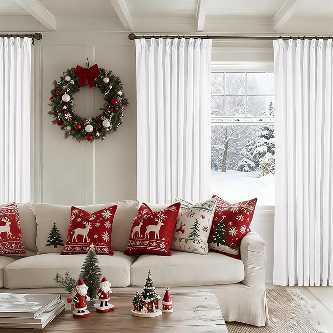 Pinch Pleated Extra Wide Linen Curtains 84 Inches Long for Patio Sliding Glass Door White 60 Inch Wide Pleated Drapes with Hooks Rings Neutral Semi Sheer 60x84 Curtain for Living Room 1 Panel