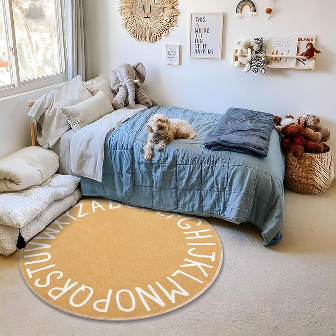 Topotdor Round Kids Play Rug Alphabet Nursery Area Rug Extra Large Soft Crawling Play Mat for Children Toddlers Bedroom (63 inch, Brown)