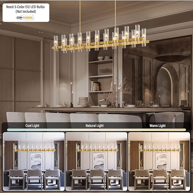 Brass Kitchen Island Lighting-20-Light Linear Chandelier, Adjustable 67.7'' Modern Farmhouse Rectangle Pendant Light Fixtures, Dining Room, Bedroom