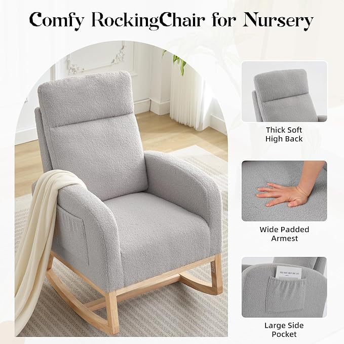 Rocking Chair Nursery, Modern Upholstered Glider Rocker with Side Pocket, Upholstered Lounge Chair with Solid Wood Base for Relaxin, for Living Room, Bedroom