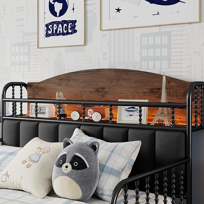 Ball & Cast Full Size Toddler Bed W/LED Light,Metal Bed W/Linen Fabric Upholstered Storage Headboard,Platform Bed Frame W/Safety Guardrails & Low Profile Design,for Boys Girls,Black