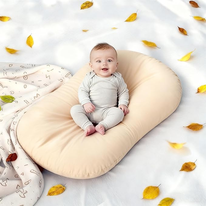 Baby Lounger 0-24 Months 100% Cotton-Snuggle Cozy Me Lounger,Soft & Breathable Tummy Time Mat for Newborn Infant Play Mat,Babies Essentials Gifts,Apricot(Lounger Cover Included)