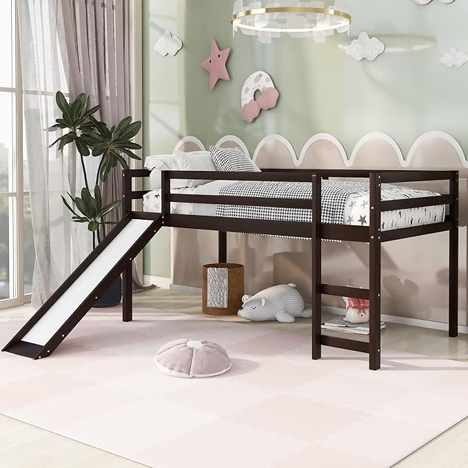 Loft Twin Bed Frame for Boys Girls Kids Toddler with Slide, Multifunctional Design, Twin (Espresso)
