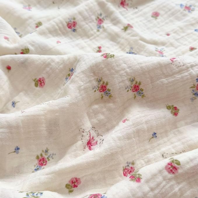 BuLuTu Muslin Cotton Baby Blanket, Cute Sheep Pink Floral Print, Large Crib Toddler Bed Blanket 47x51 Inch, Shabby Chic Style Nursery Blankets for Girls Boys, Soft Breathable