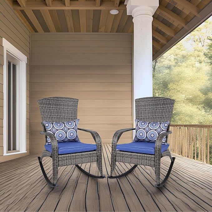 Outdoor Rocking Chair Set of 2, Rattan Patio Rocker Chairs with Cushions and Steel Frame, All-Weather Outdoor Rocker Chair with 2 Cushion Covers, Wicker Rocking Chairs Set of 2