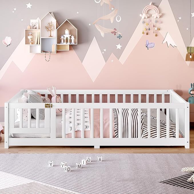 Ball & Cast Toddler Floor Bed Full Size W/Removed Slats,Montessori Bed for Toddlers W/Switched Door & Safety Guardrails,Low Profile Bed Frame for Girls & Boys,No Spring Box Required,White