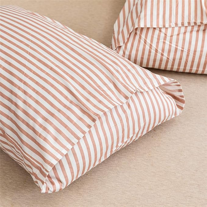 JELLYMONI 100% Natural Cotton 3pcs Striped Duvet Cover Sets,White Duvet Cover with Pink Stripes Pattern Printed Comforter Cover,with Zipper Closure & Corner Ties(Queen Size)