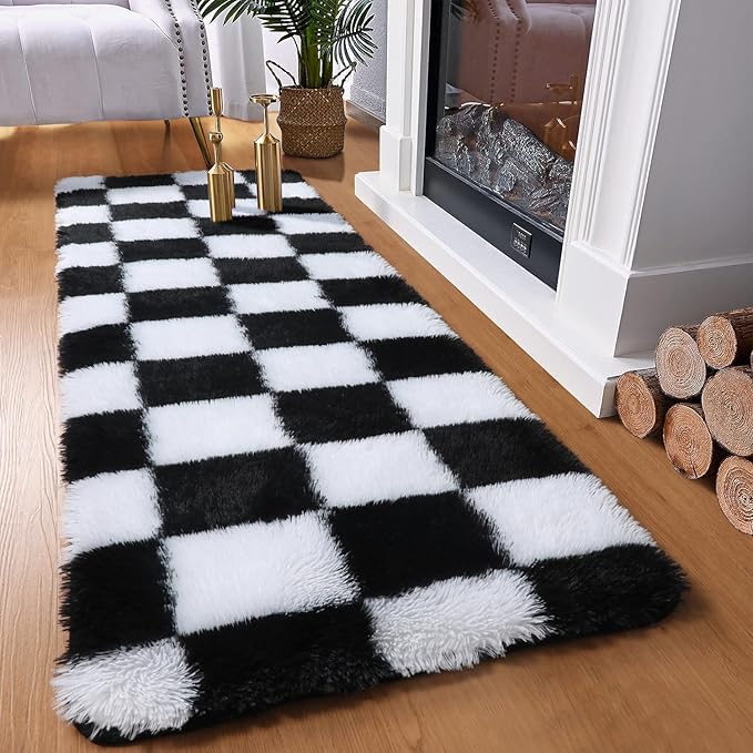 KICMOR Fluffy Soft Runner Rug for Bedroom Living Room, 2x6 Black and White Checkered Rugs Fuzzy Plush Shaggy Bedside Carpet, Non Slip Long Rug for Kids Girls Boys Room Nursery Home Decor Aesthetic