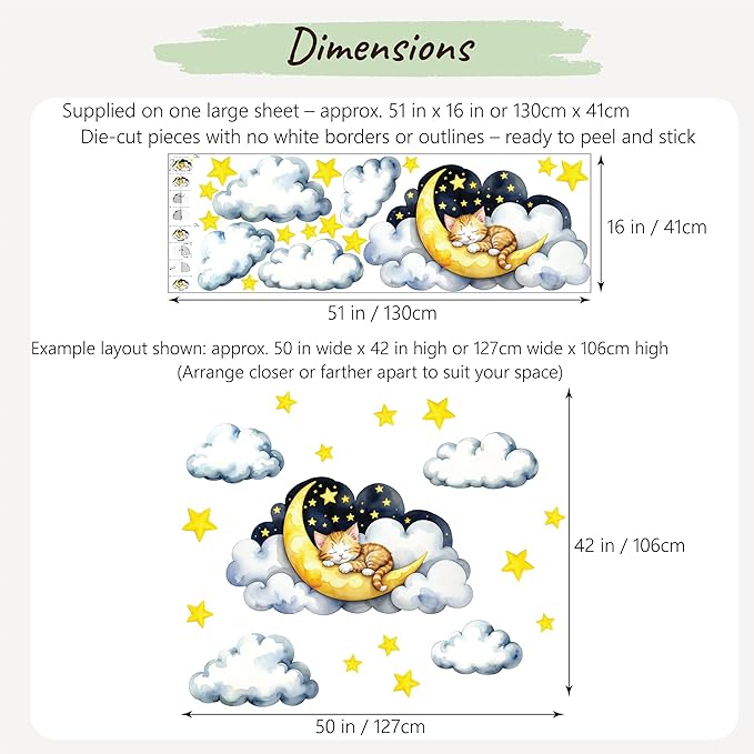 Boho Nursery Wall Decals - Dreamy Watercolor Kitten Sleeping on Cloud | Multi-Piece Set with Clouds, Moon & Stars | Removable Fabric Wall Art for Kids Room