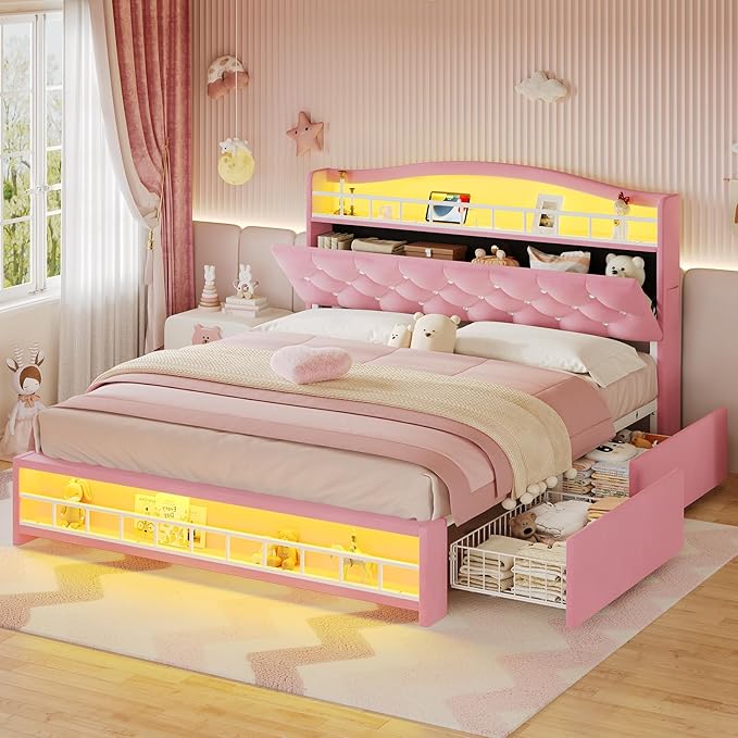 BTHFST Full Bed Frame with Storage Headboard & 4 Drawers, Girl Upholstered Storage Bed with LED Lights & Charging Station, No Box Spring Needed, Easy Assembly, Pink