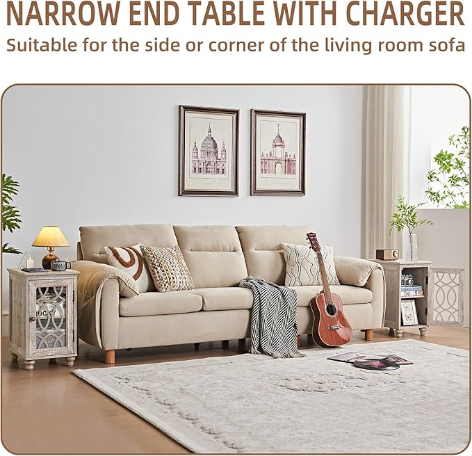 Narrow Side Table with Charging Station, Night Stand with Glass Door, Bedside End Tables with Adjustable Shelf Storage Cabinet,Wood Nightstand for Small Spaces Living Room Bedroom