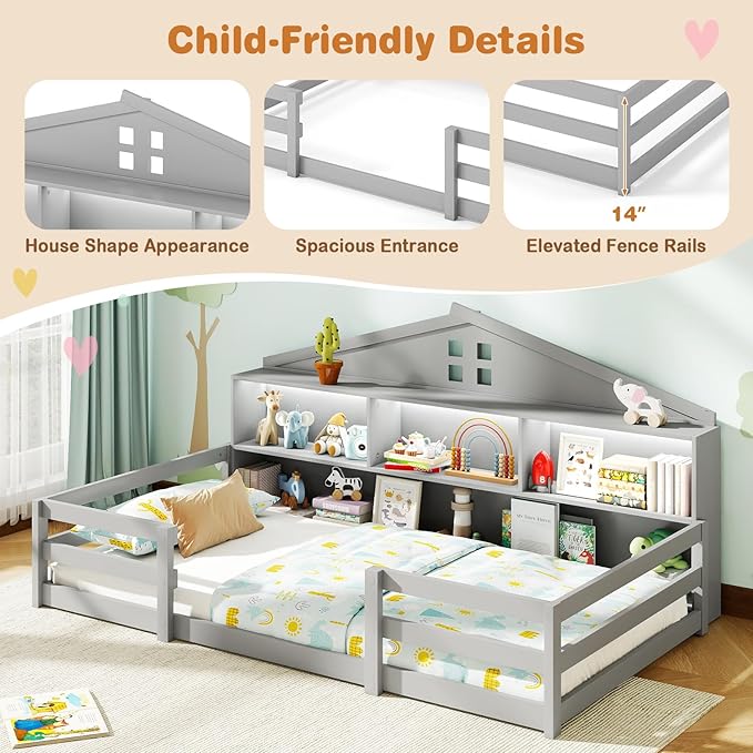 Giantex Twin Size Montessori Floor Bed with LED Lights, 2-in-1 Wooden House Bed Frame with Safety Guardrails, Storage Compartments & Shelf, No Box Spring Needed, Without Slats, Gray