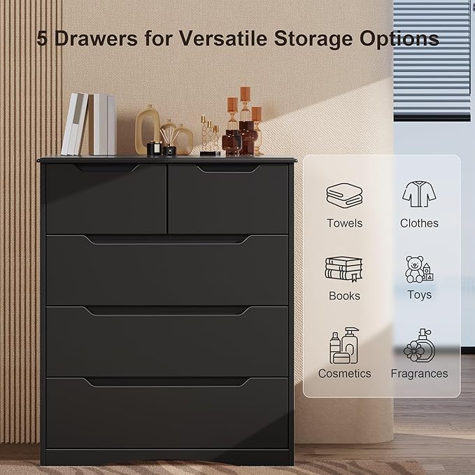 Gizoon 5 Drawers Chest, Black Dresser for Bedroom with Large Storage Capacity, Chest of Drawers with Embedded Handle, Sturdy Anti-Tripping Device for Hallway, Office, Living Room