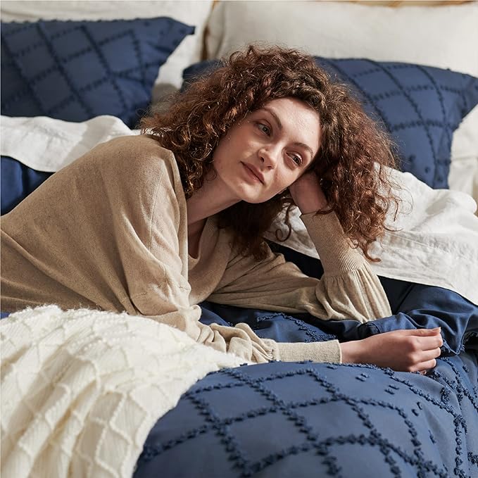 Bedsure Boho Duvet Cover Queen Size - Navy Breathable & Soft Boho Bedding, Machine Washable Comforter Cover for All Seasons, Includes 1 Duvet Cover 90"x90" with 2 Pillow Shams & Zipper Closure