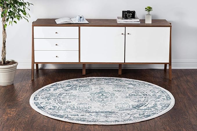 Rugs.com Charleston Collection Rug – 5 Ft Round Ivory Low-Pile Rug Perfect for Kitchens, Dining Rooms