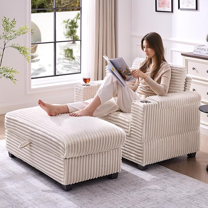 ONBRILL Corduroy Oversized Chair with Ottoman, 44" Wide Armchair with Cup Holders & USB Port, Reading Chair w/Storage Armrest, Easy Assembly, Comfy Single Sofa Bed for Living Room, Apartment, Beige