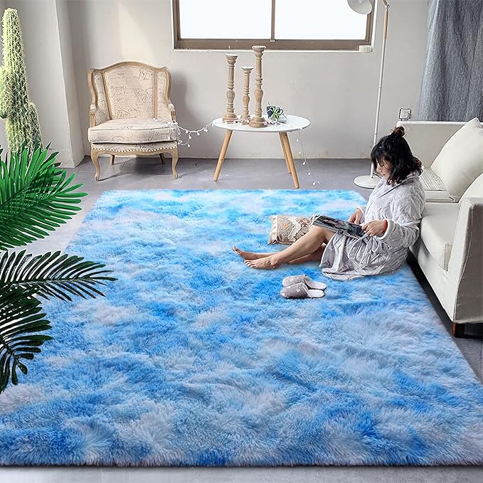 DweIke Fluffy Blue Shag Rugs for Bedroom Living Room, 4x6 Feet Soft Plush Tie-Dyed Light SkyBlue Girls Boys Kids Rug, Upgraded Non-Slip and Machine Washable Carpet for Dorm Nursery Classroom Decor