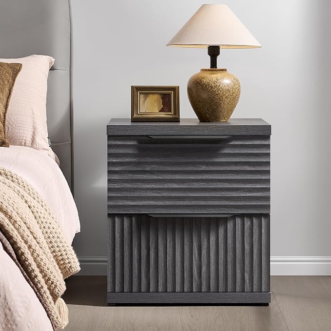 SICOTAS Fluted Night Stand Set 2 - Modern Nightstand with 2 Large Drawers, 22 Inch Wide Bedside Table for Bedroom, Mid Century Bed Side Tables Bedroom, Dark Grey Alder