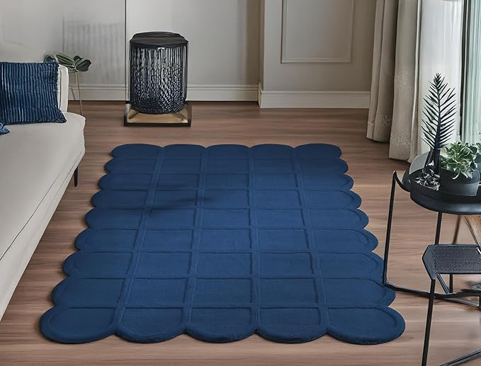 Selena Scallop Area Rug – 10’ x 14' – Handmade Wool Area Rugs – Navy Blue Color Rug for Living Room, Bedroom – Anti-Skid – Carpets with Non-Slip Natural Backing with 100% Cotton