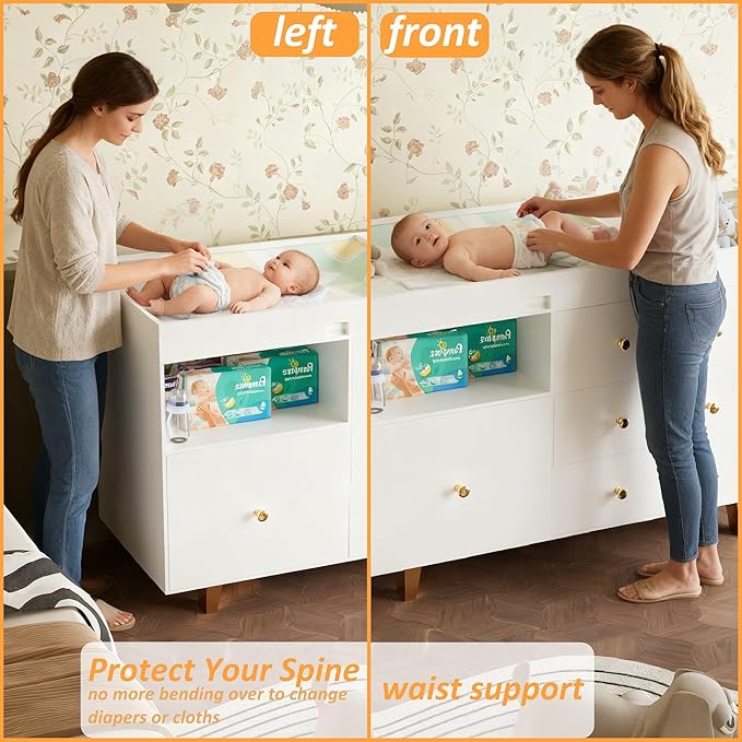 Baby Changing Table Dresser,Diaper Changing Table with Large Tabletop,4 Drawers, Open Storage Space & Side Shelves,Modern Storage Crib with Changing Table for Nurseries and Baby Rooms,White