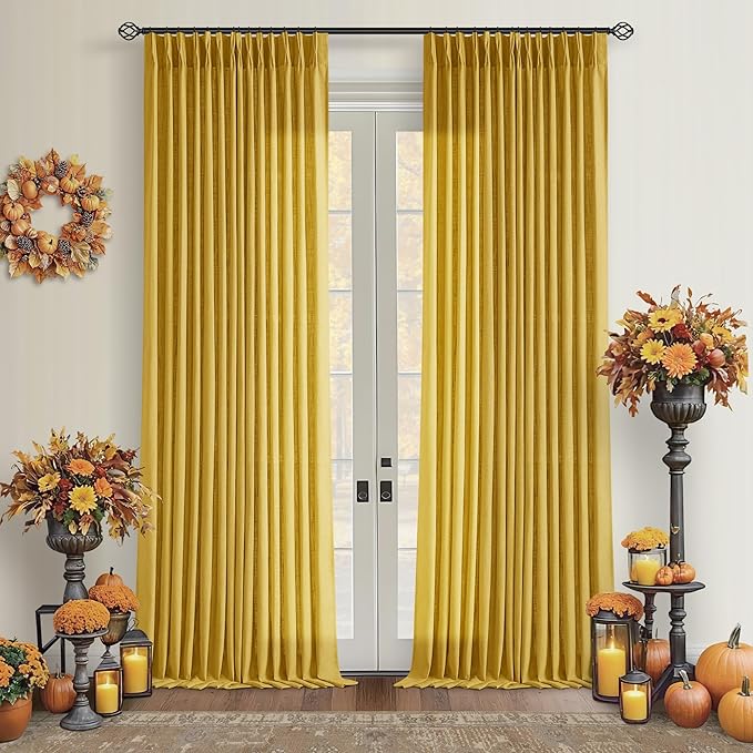 Extra Long Mustard Yellow Linen Curtains 120 Inches Long Gold Yellow Funky Farmhouse Rustic Curtain Light Filtering Semi Sheer Back Tab Pinch Pleat Curtain for Tall Ceiling Living Room 2 Panels